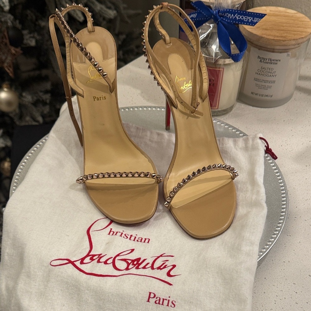 Christian Louboutin Beige Heels with Metallic Spike Accent